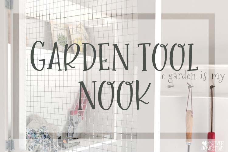 Garden tool organization nook white chicken wire cabinet hardware cloth door and trowel rake hanger