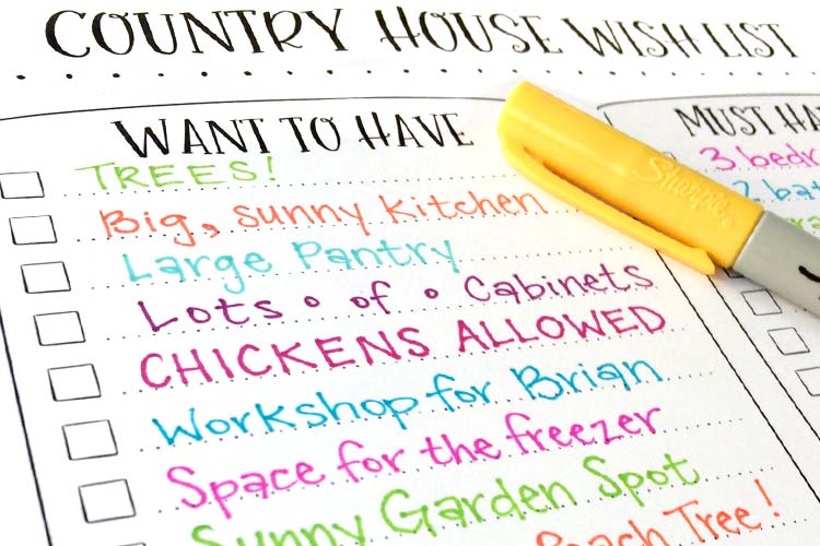 A country house hunt wish list filled out to buy a farmhouse on an acre