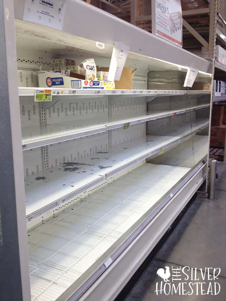 empty bare grocery store shelves no eggs bread milk butter dairy sold out during natural disaster hurricane harvey plan ahead