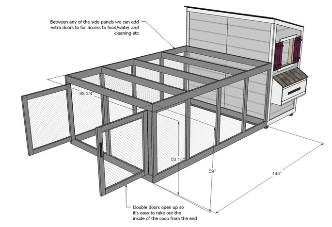 a 3D drawing of a gray chicken coop with an attached rectangular chicken run built with common lumber sizes
