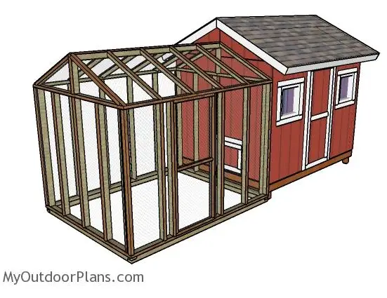 free chicken run building plans for an 8 by 10 foot aviary with a peaked roof that can be attached to any chicken coop