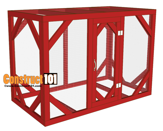 a red DIY chicken run measuring 8 feet by 4 feet that is tall enough to walk into meant for beginner builders