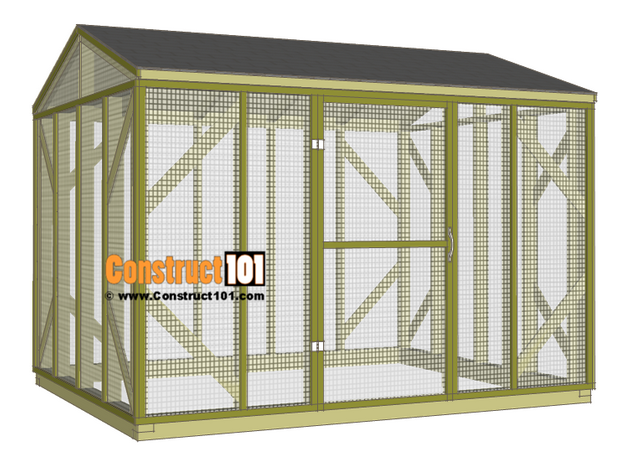 an 8 by 10 foot aviary made of wood with an asphalt shingle roof