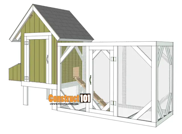 a sage green chicken coop with an attached white chicken run measuring 8 feet by 4 feet that is tall enough to walk into