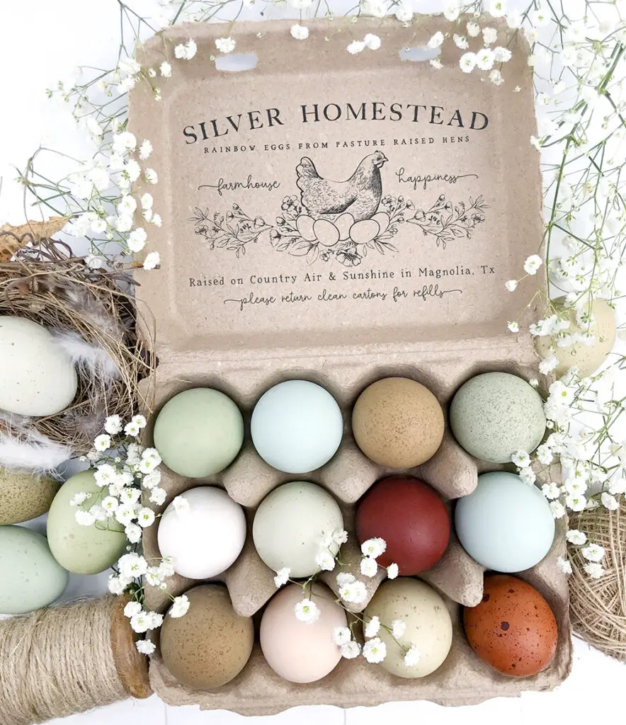 Speckled easter egger eggs, speckled olive egger eggs, black copper marans egg, pink egg, blue eggs and green eggs in a large egg carton stamped with Silver Homestead farmhouse happiness