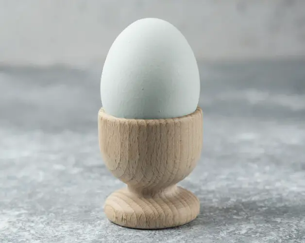 a little powder blue bantam chicken egg in a small wooden cup on a kitchen countertop