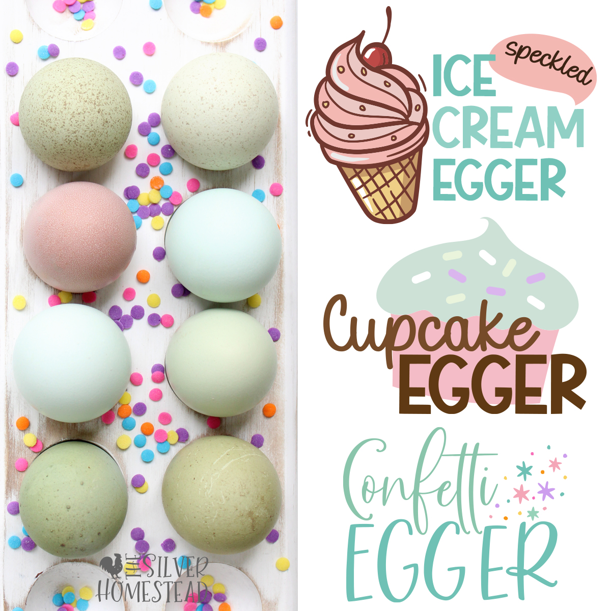 a white tray holding a dozen brightly colored blue, green, and pinkish easter egger eggs with candy sprinkles and digital stickers that read speckled ice cream egger, cupcake egger and Confetti egger