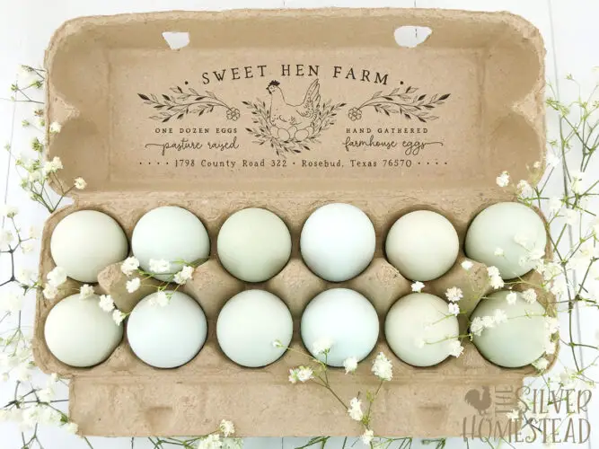 custom egg carton stamp with farm name and blue & green Easter Egger eating eggs