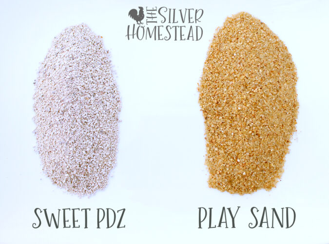 white Sweet PDZ granules shown next to tan play sand granules on a white tray