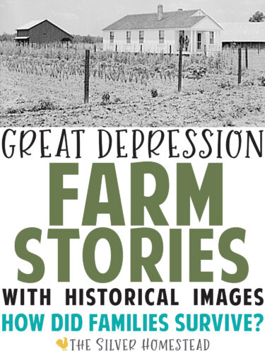 an image of a white farmhouse with two farmers standing on the front porch with a large front yard victory garden and text that reads Great Depression Farm Stories how did families survive