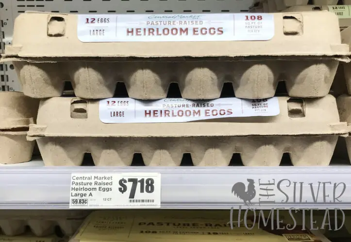 cartons of pasture raised heirloom eggs at a grocery store in Texas