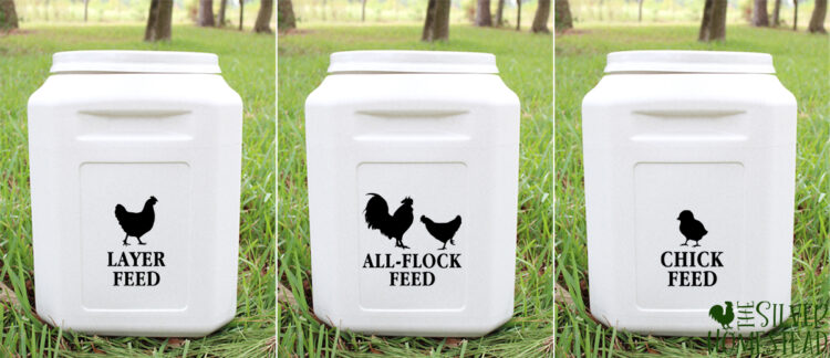 trio of labeled vittles vault chicken feed storage containers