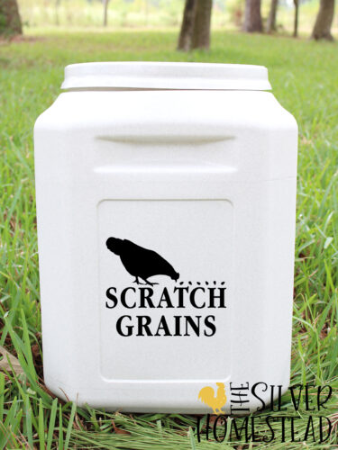 Rodent Proof Chicken Feed Storage Bin with label that reads Scratch Grains