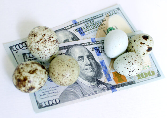 blue and speckled green celadon coturnix quail eggs sitting on top of paper money bills on a white background