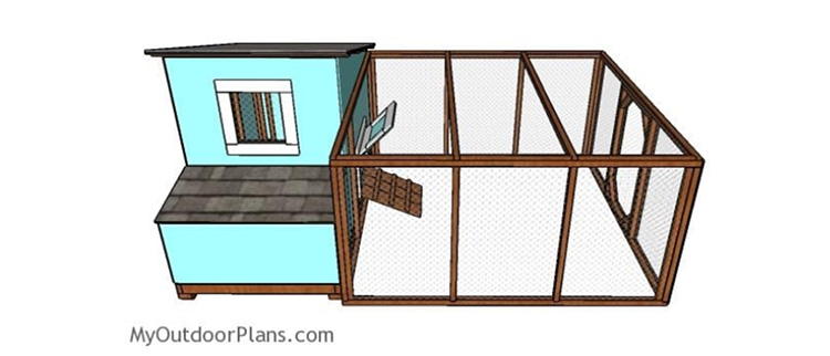 3D drawing of an aqua blue chicken coop with a walk-in chicken run measuring 8 by 8 feet