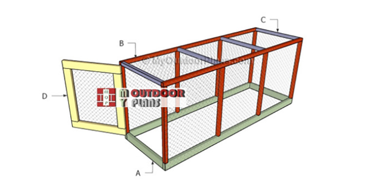 a DIY build diagram of a small rectangular chicken run showing sides labeled A, B, C and D